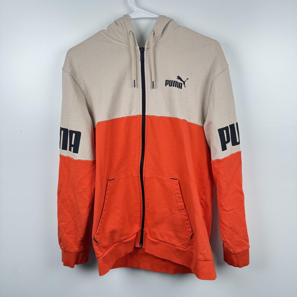 Puma Hoodie Mens Medium Beige Orange Colorblock Full Zip Athletic Sweatshirt